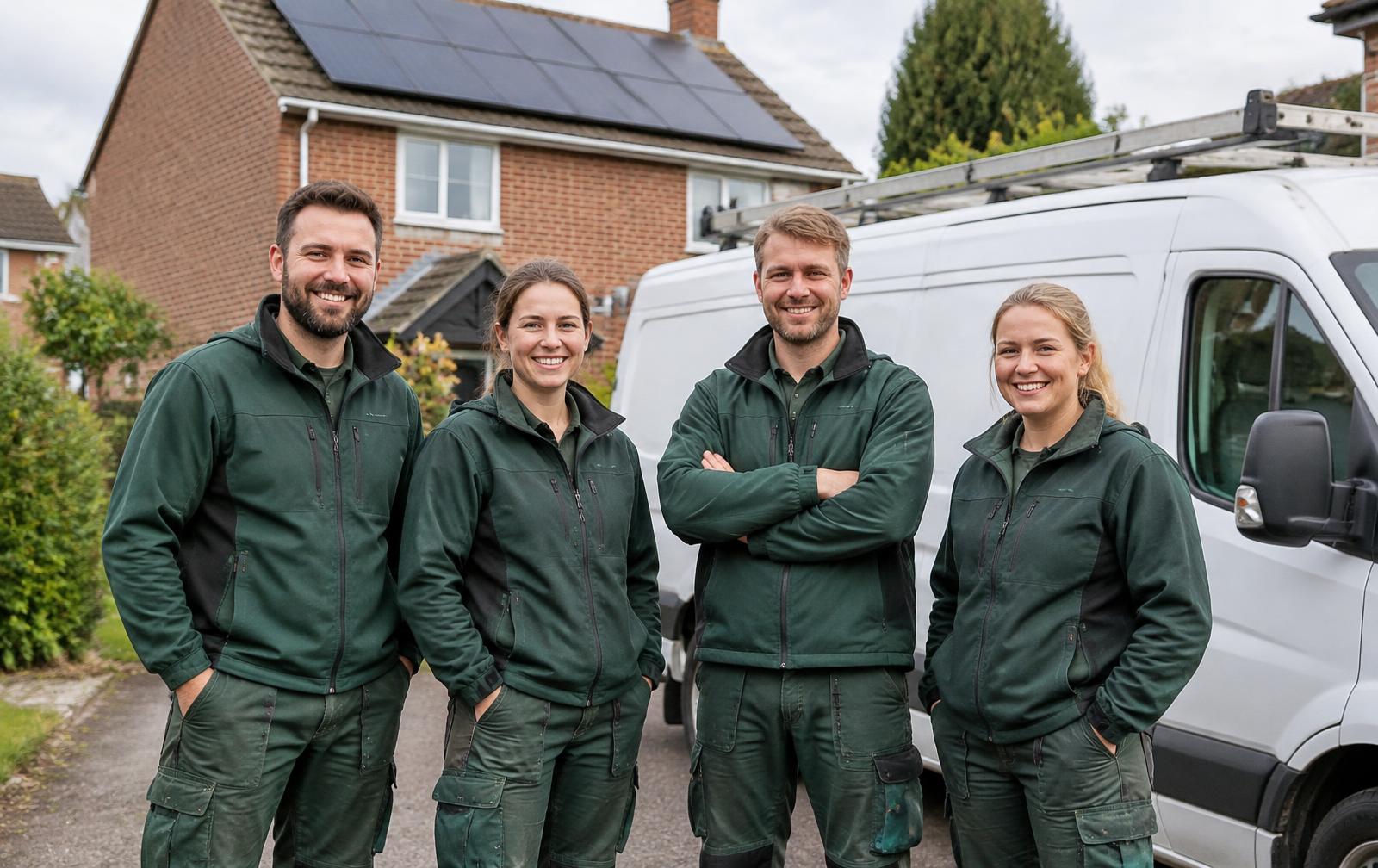 The Sunlit Energy team beside their installation van outside a British home with solar panels