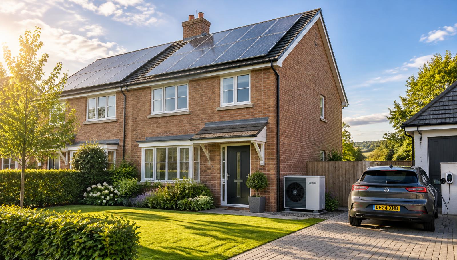 A modern British home with solar panels, a heat pump and an electric car charger