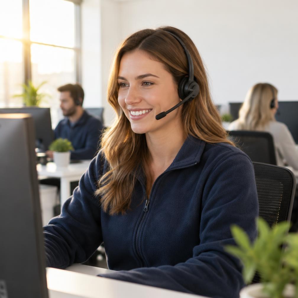 A friendly Sunlit Energy specialist taking a call at their desk